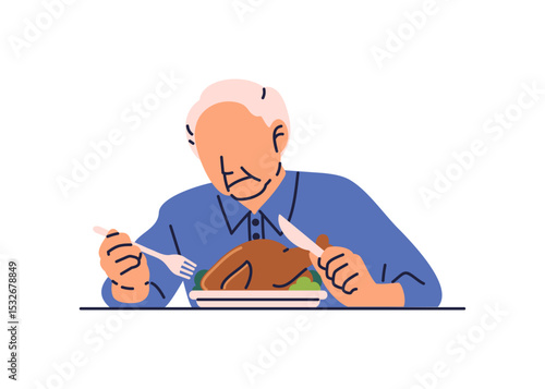 An old man holding a fork and knife looked unwell and had no appetite for the roasted chicken on his plate. Flat vector illustration isolated on white background