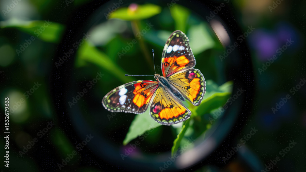 Fototapeta premium butterfly on flower under magnifying glass, insect, plant, nature, macro video, colorful wings, entomology
