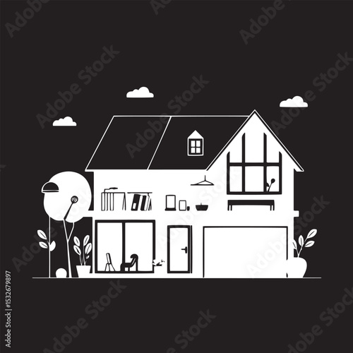 Smart home concept black and white vector illustration.