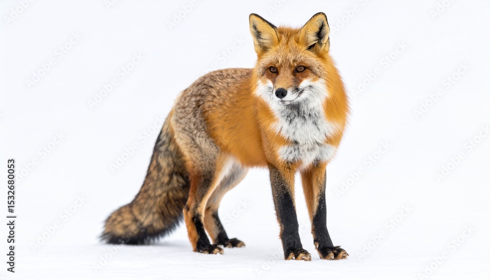 A stunning red fox, vulpes vulpes, with a fluffy tail standing and posing in front of the camera. A stunning red fox, vulpes vulpes, with a fluffy tail standing and posing in front of the camera.