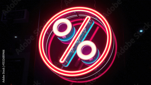 neon glowing percent sign glows on black background, sale, discount, black friday, shopping, percent