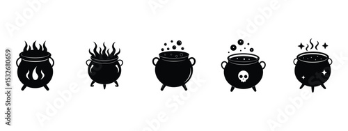 Set of Spooky Witch Cauldrons with Bubbles, Smoke, and Magic Effects - Halloween Element Collection