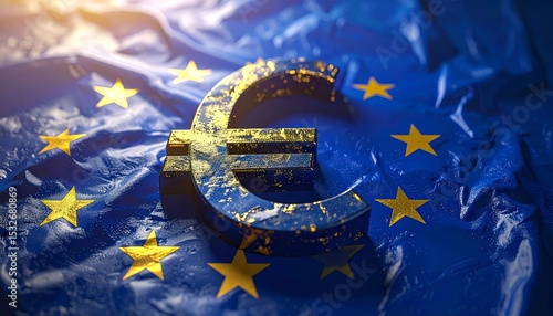 Euro symbol made of metal, set against the backdrop of the European Union flag. The flag's stars and blue color are prominently displayed.