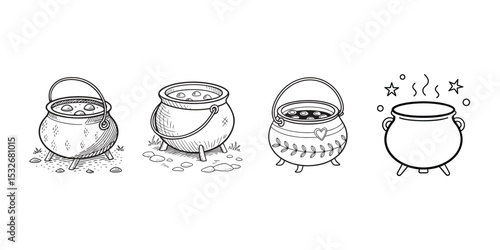 Set of Line Art Witch Cauldrons with Magic Bubbles and Steaming Potion - Halloween Design Elements
