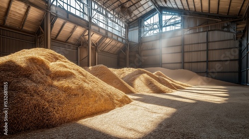 Photo-realistic interior of bioenergy bunker filled with sawdust, wood chips, and rice husk stacked neatly under skylight beams and dust-filled air