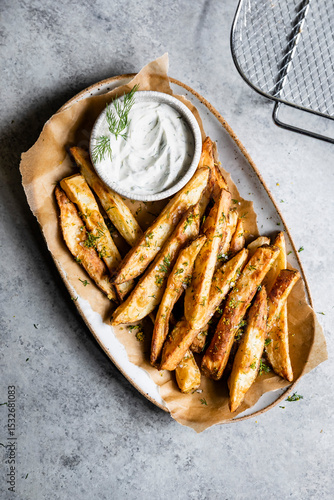 A plate of crispy potato wedges garnished with herbs, served with a bowl of creamy dipping sauce.