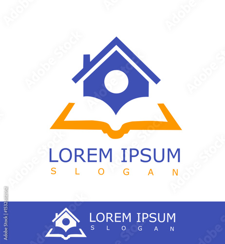 Creative Home Learning Logo Design with Open Book and House Icon