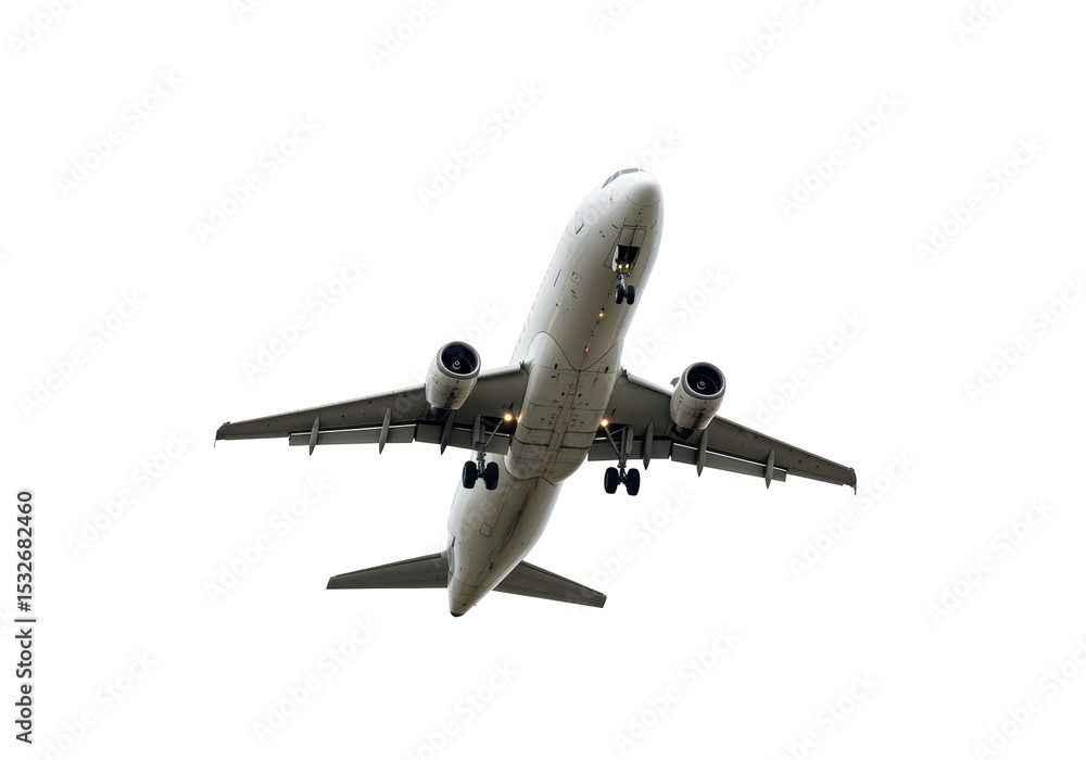 Isolated Commercial Airplane Taking Off Against White Sky Isolated Commercial Airplane Taking Off Against White Sky