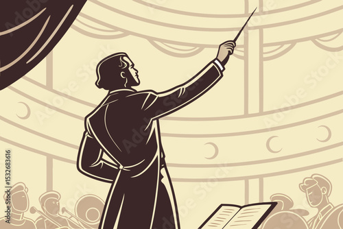 Orchestra conductor leading symphony performance from center stage