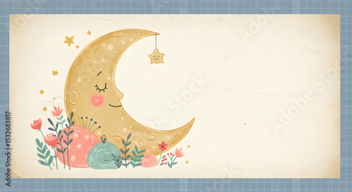 Sweet Dreams Cute Crescent Moon and Floral Illustration