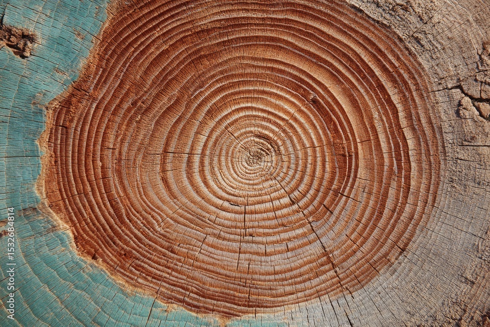 Fototapeta premium A detailed closeup of a cut tree trunk showing distinct growth rings and varying wood coloration