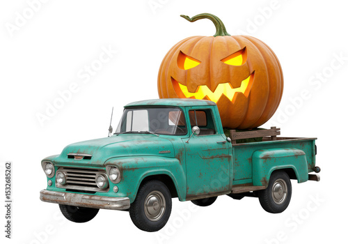 Isolated Vintage Green Truck Carrying a Spooky Halloween Pumpkin