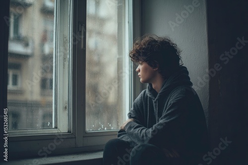 A person sits by a rainstreaked window wearing a hoodie looking pensive or sad