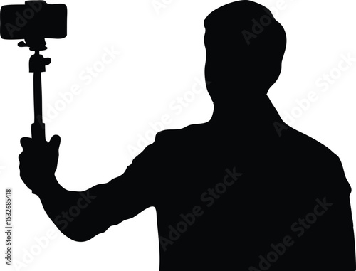 Man Silhouette Taking Selfie With Phone On Stick Isolated on White Background