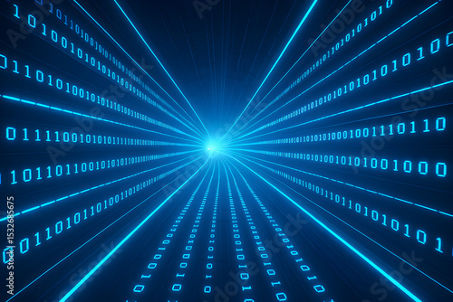 Abstract digital binary code background with glowing lines and numbers.