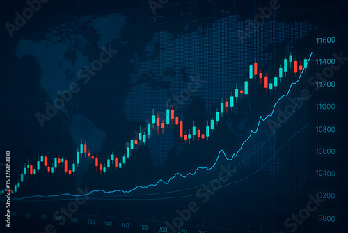 Financial data visualization with graphs and world map background showing stock market growth.