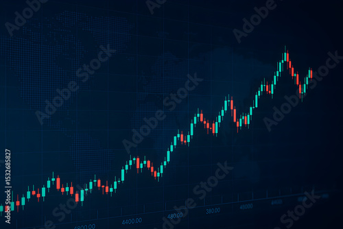 A financial candlestick chart displaying market trends on a digital screen with a global map background.