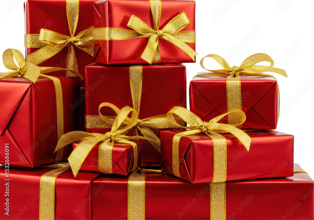 Isolated Stack of Red Christmas Presents with Golden Ribbons Isolated Stack of Red Christmas Presents with Golden Ribbons