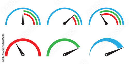 Speedometer, gauge meter icons. Vector scale, level of performance. Speed dial indicator. Green and red, low and high barometers, dashboard with arrows. Fast internet speed sign. Stock flat vector.