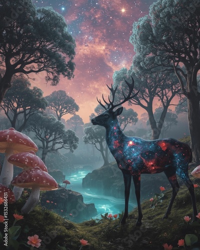 Fantasy Forest with Glowing Rivers and a Star - Skinned Deer