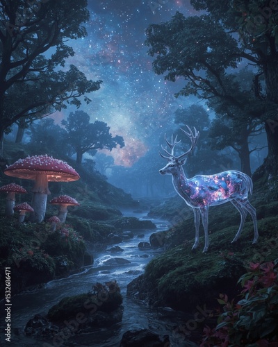 Mystical Deer Among Floating Trees and Galaxy-Filled Skies