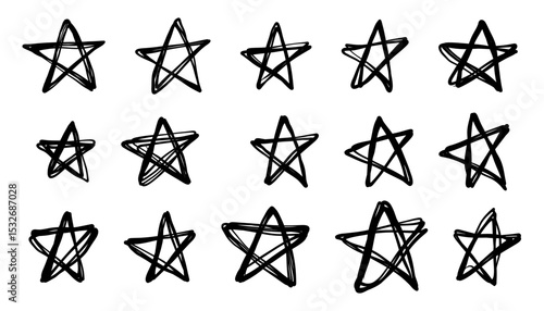 Set of black hand drawn vector stars in doodle style on white background. Star doodles are drawn with ink. Brush marker schematic
