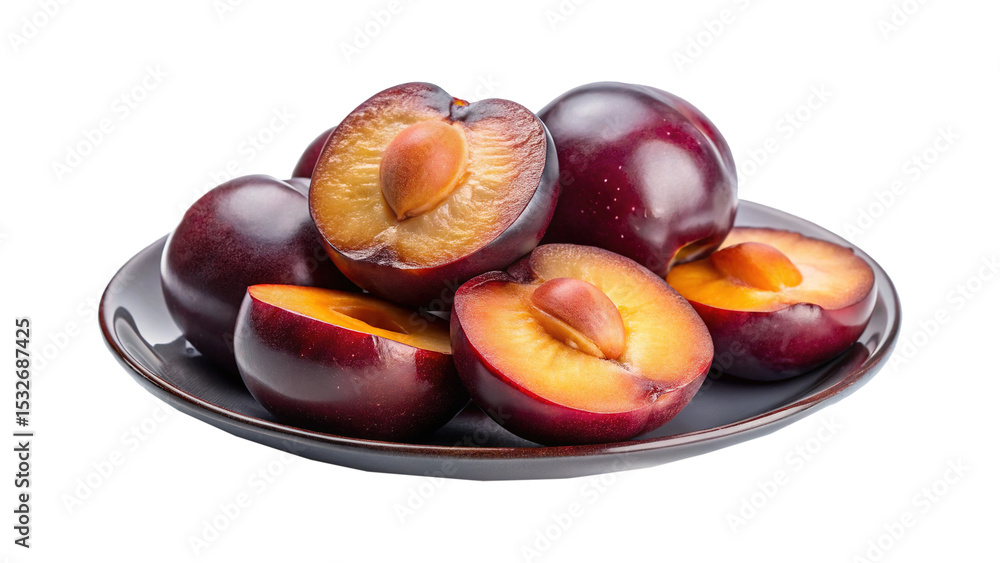 Fototapeta premium Delicious and vibrant plums cut in half showing the juicy interior fruit