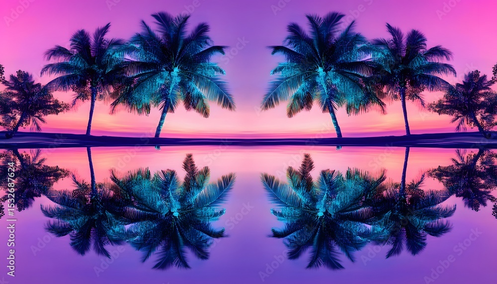 Obraz premium Vibrant palm trees reflected in a tranquil water at sunset.