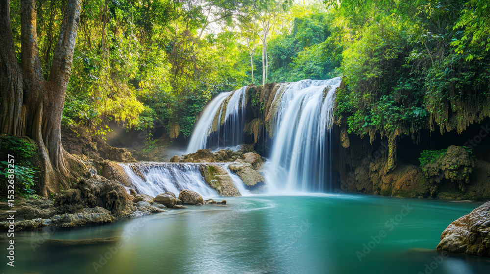 Obraz premium Tropical Waterfalls – Realistic & Illustrated Scenes of Natural Serenity