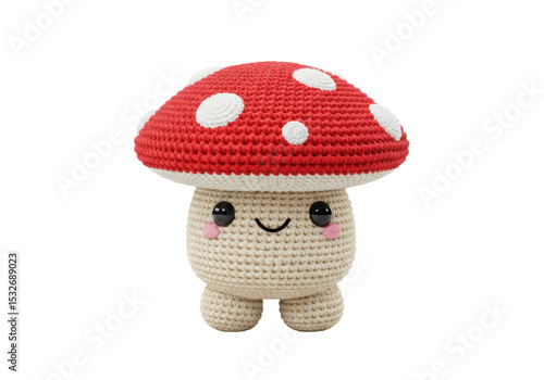 Isolated Crochet Mushroom Amigurumi Toy Smiling Cute