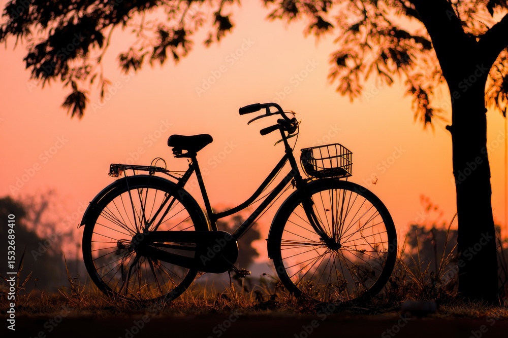 Obraz premium Silhouette of a bicycle with a basket silhouetted under a tree at sunset