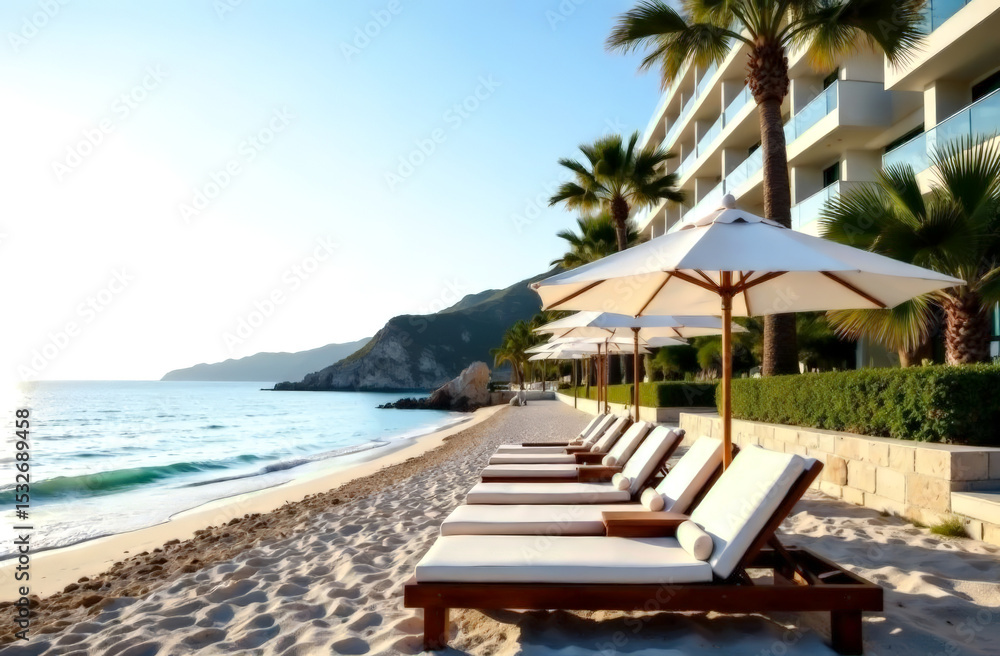 Obraz premium an advertising poster for tourism is a view of the coast of the sea or ocean with a sandy shore in the light of the setting sun. stay at a premium hotel on the coast