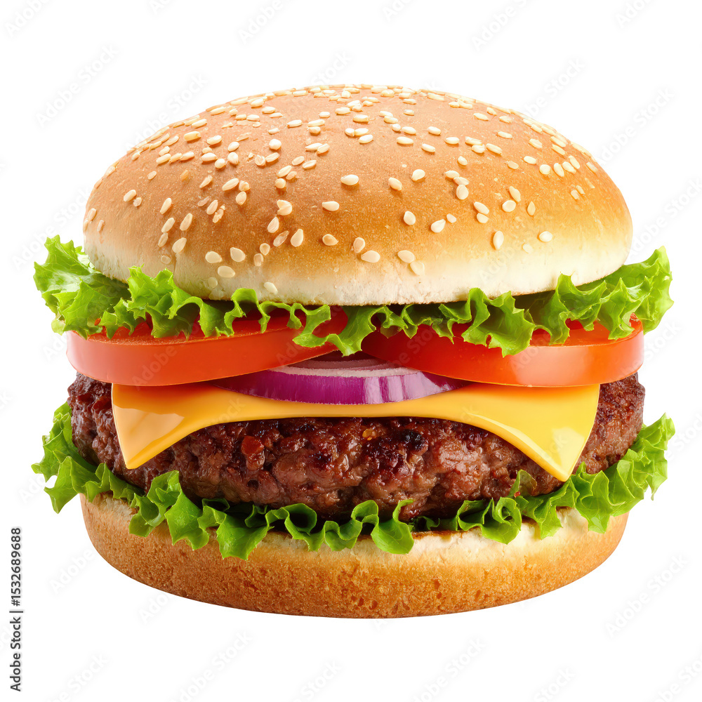Juicy cheeseburger with fresh vegetables lettuce tomato onion and melted cheese on sesame seed bun fast food meal snack Juicy cheeseburger with fresh vegetables lettuce tomato onion and melted cheese on sesame seed bun fast food meal snack