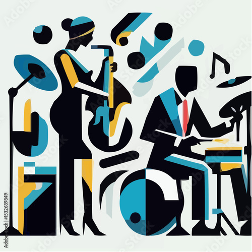 Jazz musicians performing with instruments in vibrant colors  