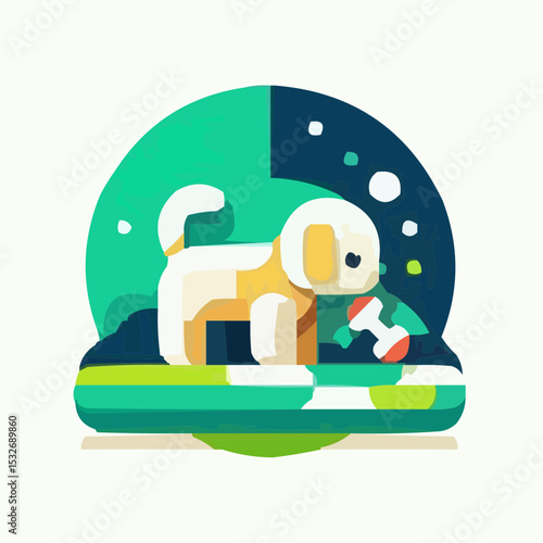 Playful dog icon standing on a bed with a toy in bright colors  
