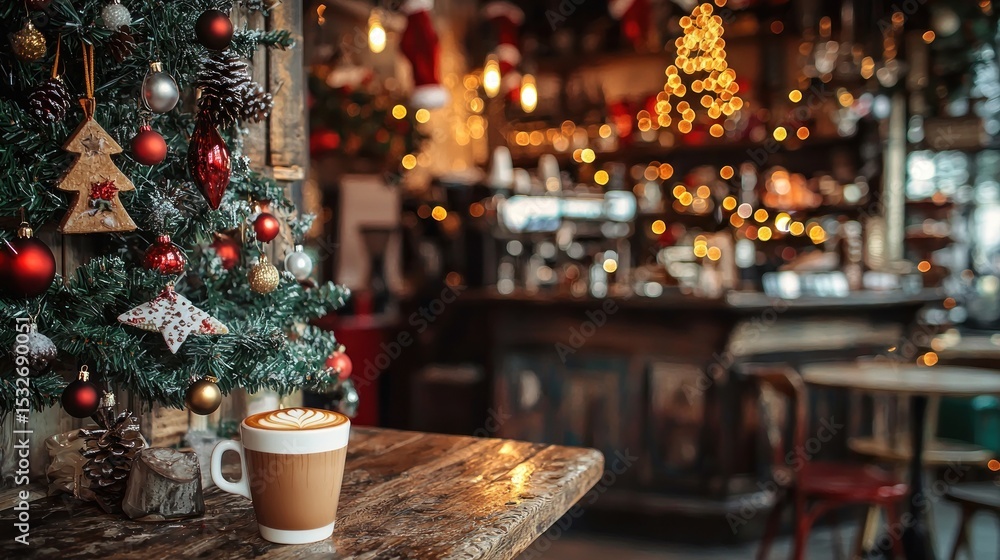 Cozy Christmas Coffee Shop Ambiance: A Festive Latte by a Decorated Tree Cozy Christmas Coffee Shop Ambiance: A Festive Latte by a Decorated Tree