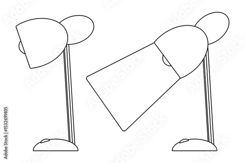 Coloring page for kids with outline drawing of an set desk lamp in two positions, one lit and one off. For entertaining kids, back to school or education black and white printable design, DIY craft.