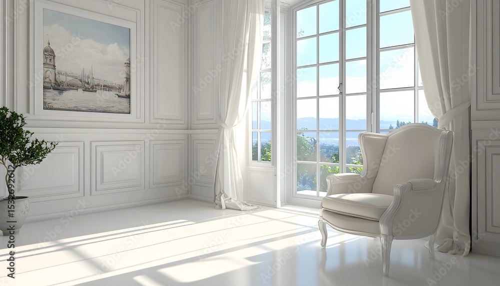 Fototapeta premium White room with classic wingback chair and large window.