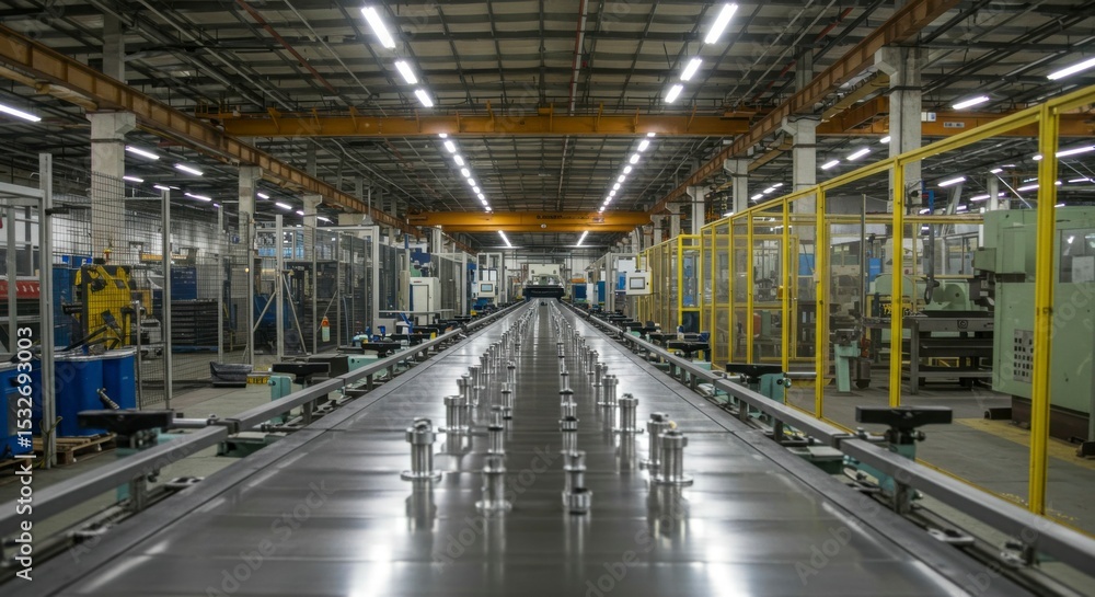 Long assembly line in a spacious factory, showcasing numerous machines and safety barriers. Metal conveyor belt dominates the scene Long assembly line in a spacious factory, showcasing numerous machines and safety barriers. Metal conveyor belt dominates the scene