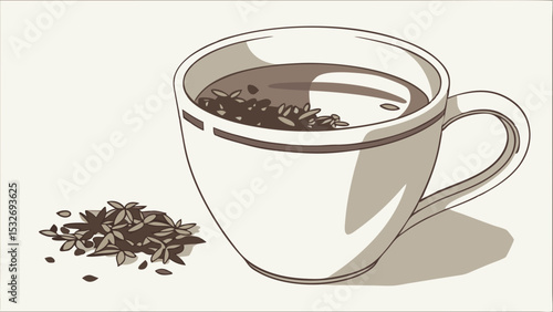 Handdrawn Detail Illustration of Herbal Tea in a Cup with Loose Leaves