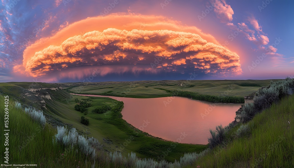 Fototapeta premium A vibrant sunset over a tranquil lake in a prairie landscape.