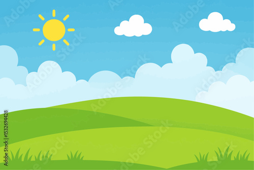 Green meadow with white clouds summer green view landscape background illustration 