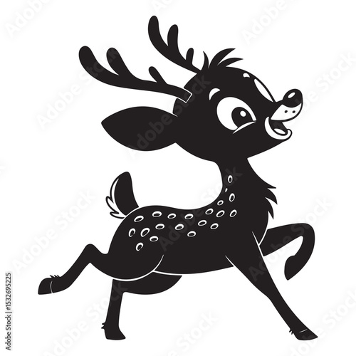 Cute cartoon reindeer with red nose and scarf standing beside a Christmas tree in winter illustration