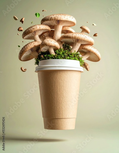 Coffee cup wrapped in biodegradable mushroom fiber. Mushrooms flourish from a paper coffee cup.