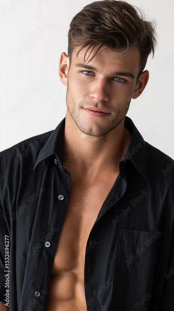 Obraz premium A handsome man , blue eyes wearing black shirt, white background.