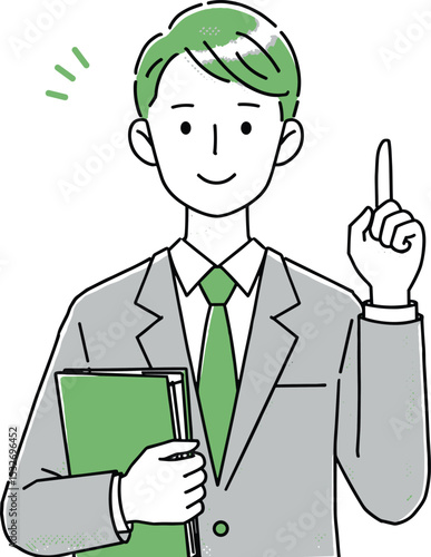 Vector illustration of a smiling businessman in a suit holding a folder and pointing upward, giving advice, office concept

 flat vector illustration