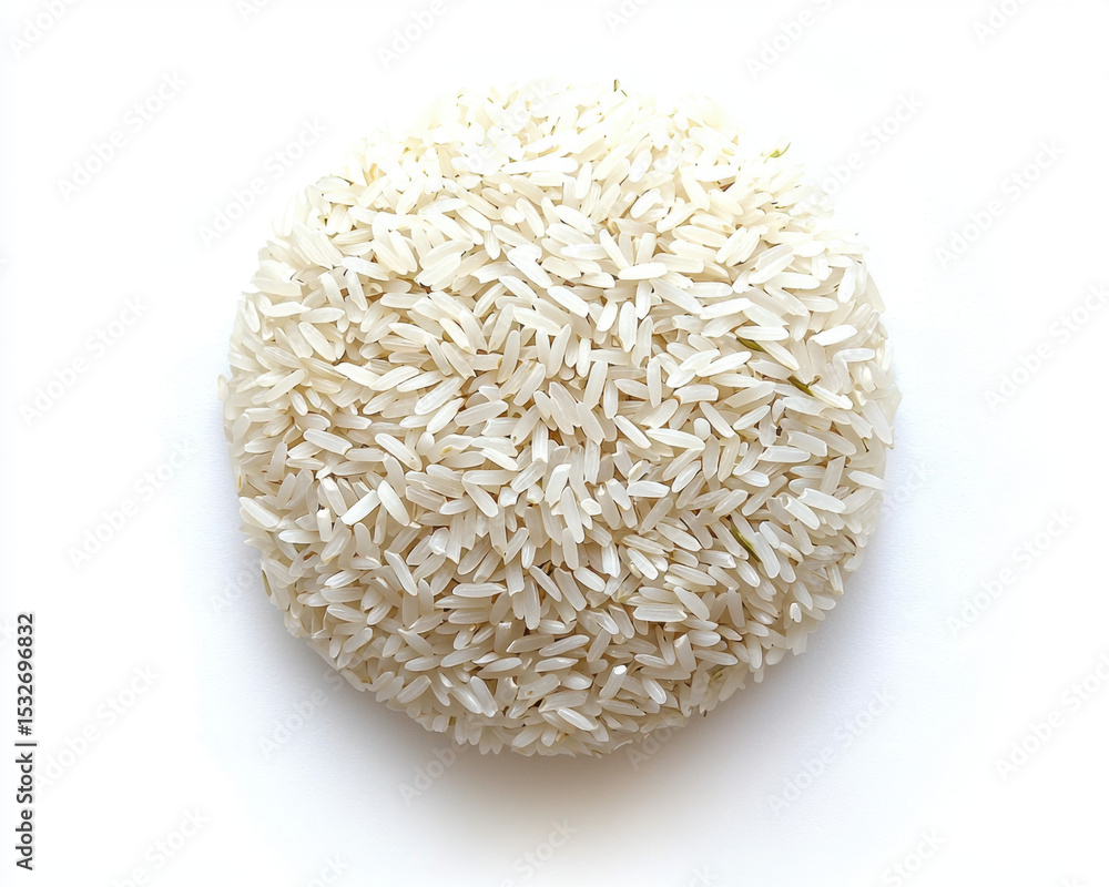 Overhead Shot of Cooked White Rice in a Round Shape on White Background Overhead Shot of Cooked White Rice in a Round Shape on White Background
