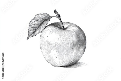 A meticulously rendered pencil sketch of a single apple, complete with leaf and stem, resting on a shadowed surface.