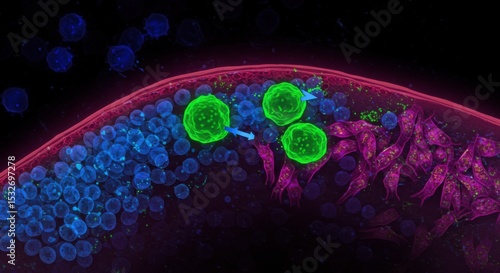 Cellular interaction visualized by fluorescence microscopy.  Immune cells interacting with a tissue layer