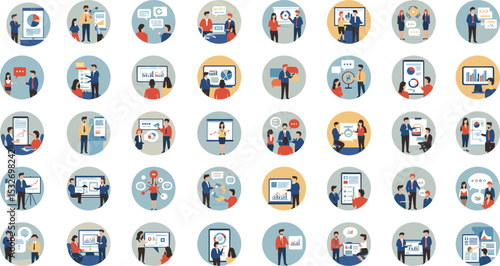 Flat circle vector icons of business people presenting charts, discussing reports, sharing data, marketing analytics, collaboration, and mobile interface visuals flat vector illustration